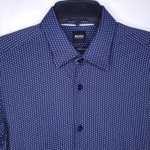 Hugo Boss Shirt Mens Small Geometric Blue Slim Fit Finest Italian Fabric Perform